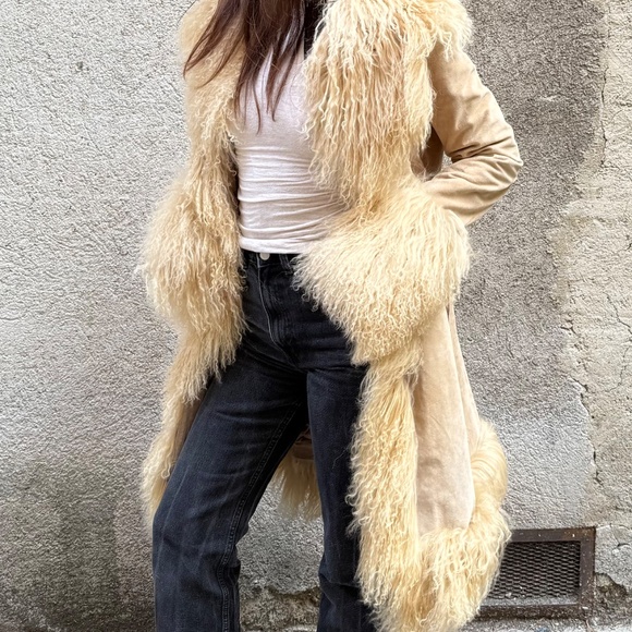 Vintage Charlotte Simone Style Mongolian Fur Afghan Coat Cream Leather S/M - Picture 5 of 5